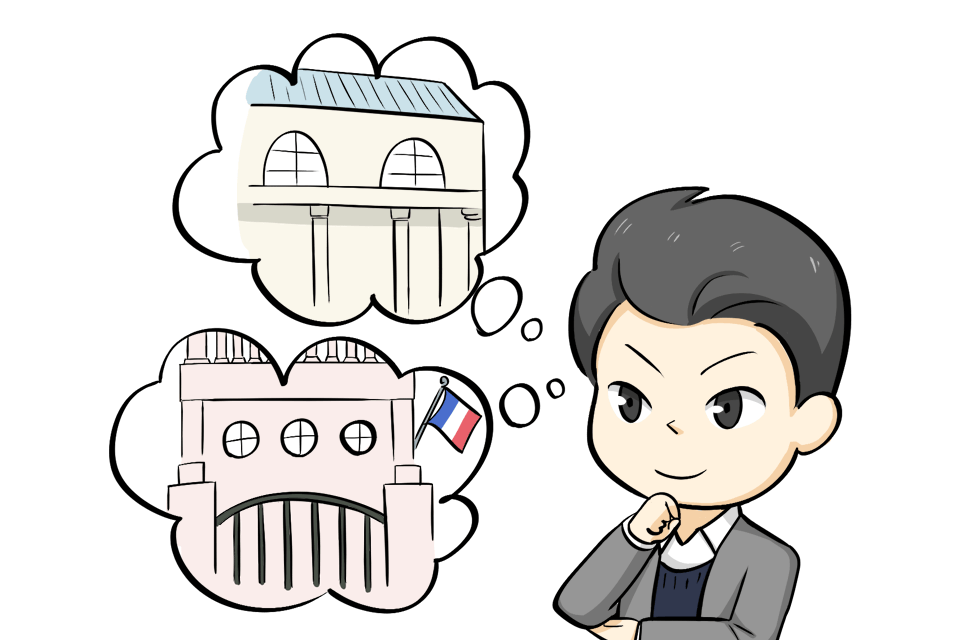 大使館と領事館の違いを考える男性