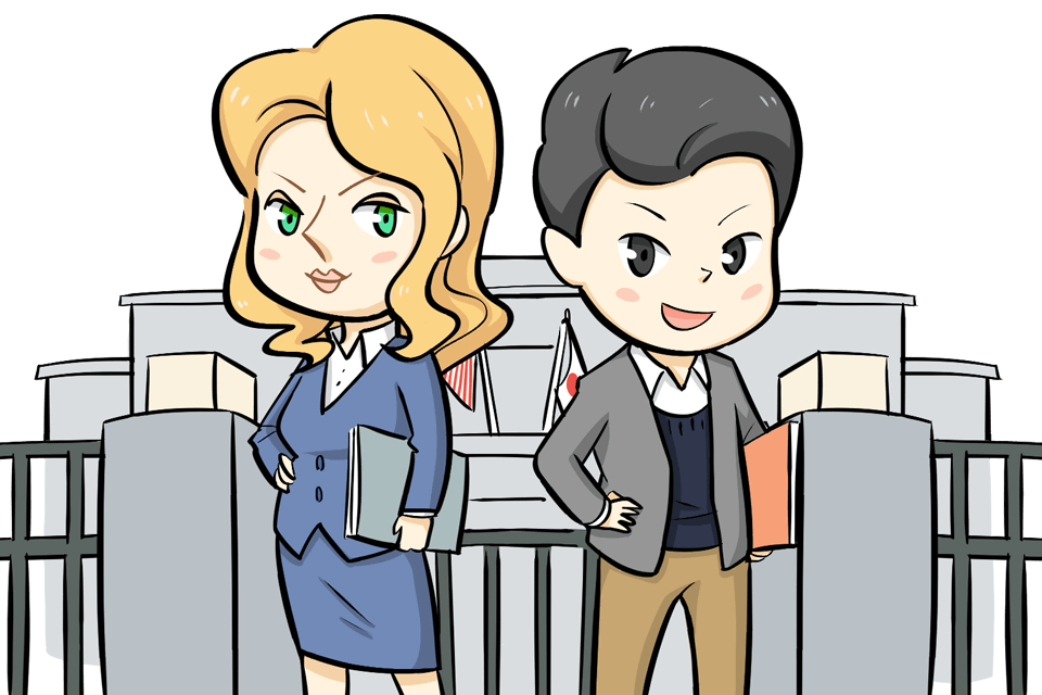 大使館で働く男性と外国人女性