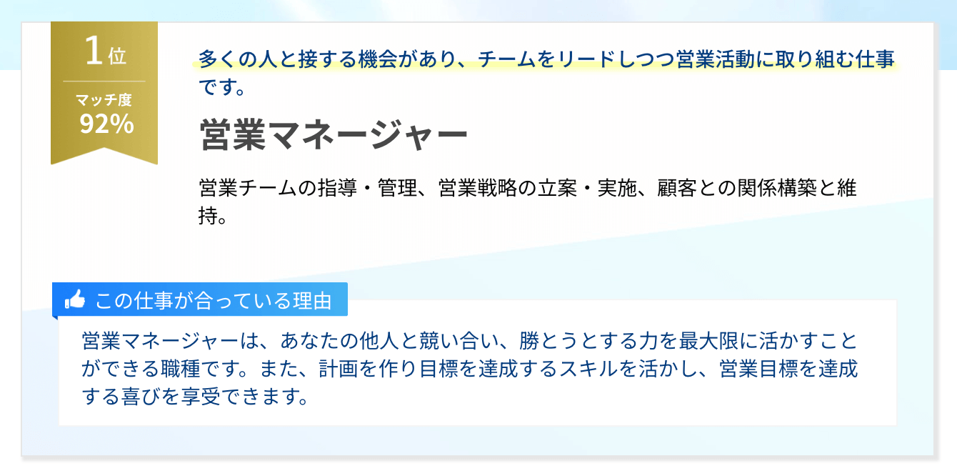 AI適職診断の実際の診断結果画面